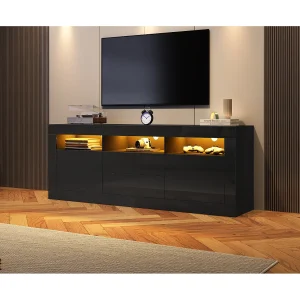 Hoogglans tv-meubel met ledverlichting, 2 deuren en 2 lades – Zwart PB-hout Hoogglans tv-meubel met ledverlichting, 2 deuren en 2 lades – Zwart PB-hout