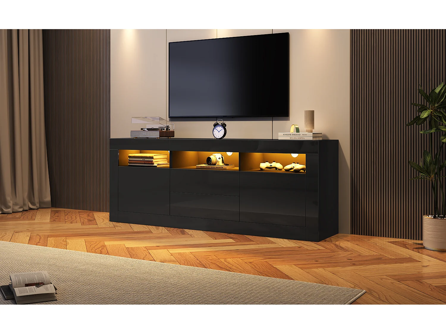 Hoogglans tv-meubel met ledverlichting, 2 deuren en 2 lades - Zwart PB-hout