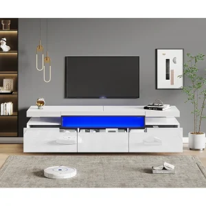 Hoogglans gelakte tv-standaard met 16-kleurige ledverlichting en 3 lades – Wit 160x39x42cm Hoogglans gelakte tv-standaard met 16-kleurige ledverlichting en 3 lades – Wit 160x39x42cm