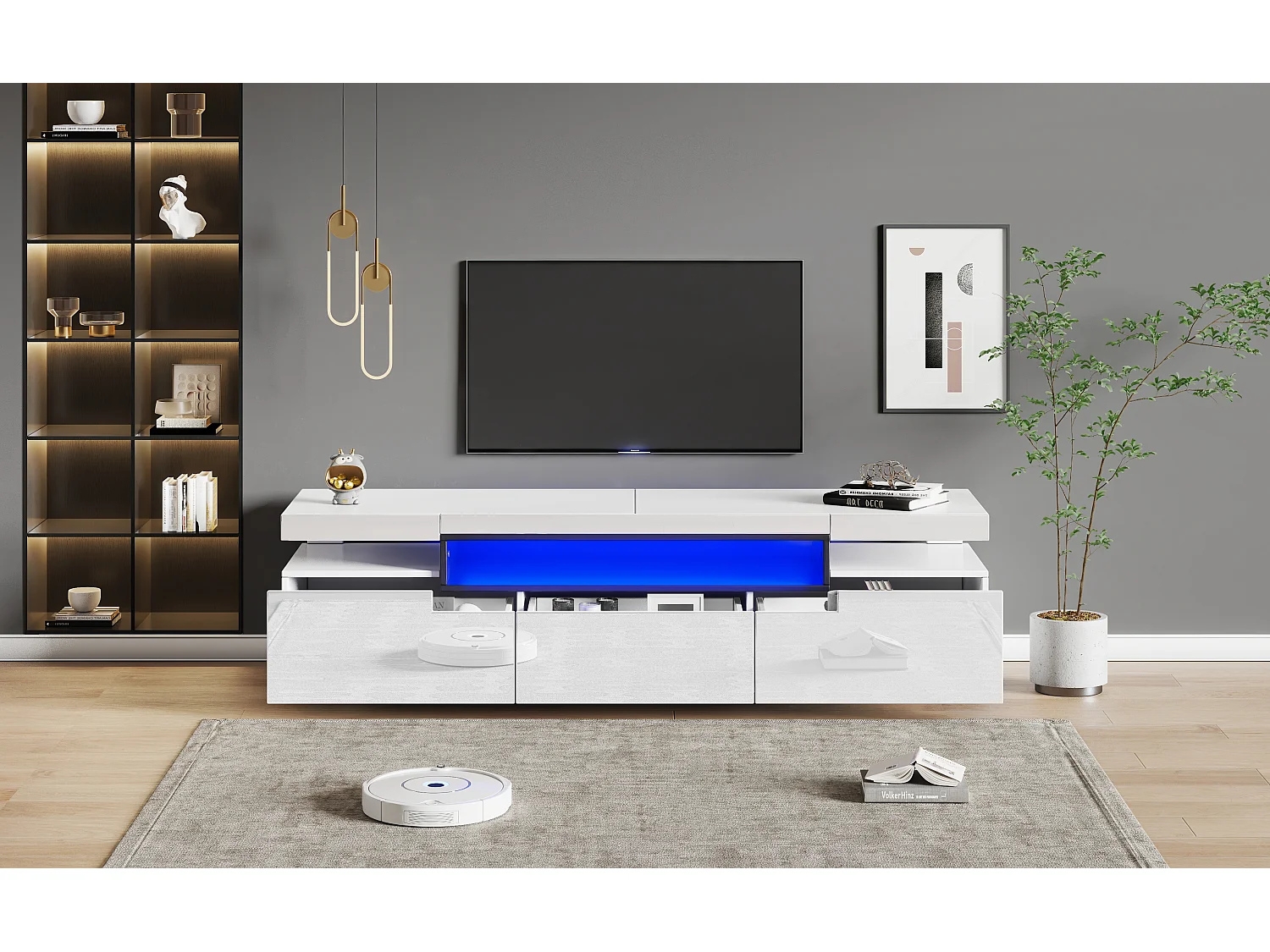 Hoogglans gelakte tv-standaard met 16-kleurige ledverlichting en 3 lades - Wit 160x39x42cm