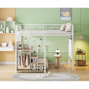 Hoogslaper 140x200cm met opbergladder en leuning – Kinderbed van metaal – Wit Hoogslaper 140x200cm met opbergladder en leuning – Kinderbed van metaal – Wit