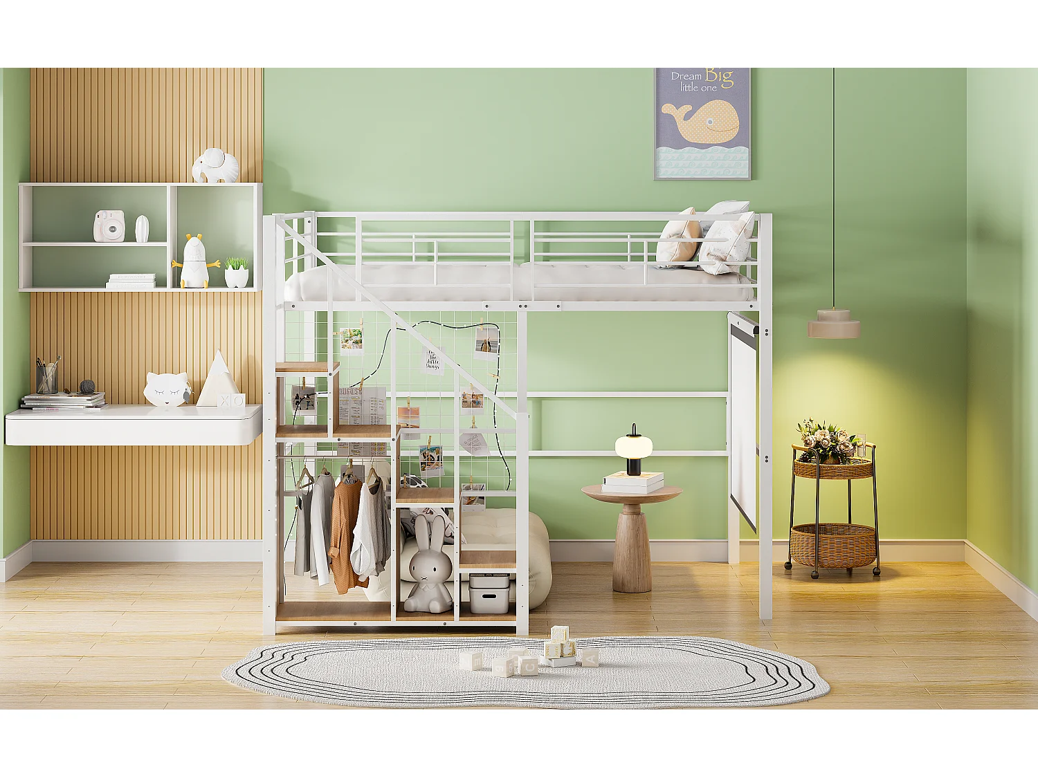 Hoogslaper 140x200cm met opbergladder en leuning - Kinderbed van metaal - Wit