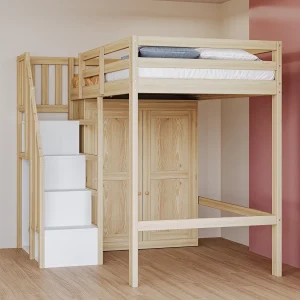 Hoogslaper 90×200 cm met opbergruimte, veiligheidsladder en kledingkasten – Houtkleur – Matras niet inbegrepen Hoogslaper 90×200 cm met opbergruimte, veiligheidsladder en kledingkasten – Houtkleur – Matras niet inbegrepen