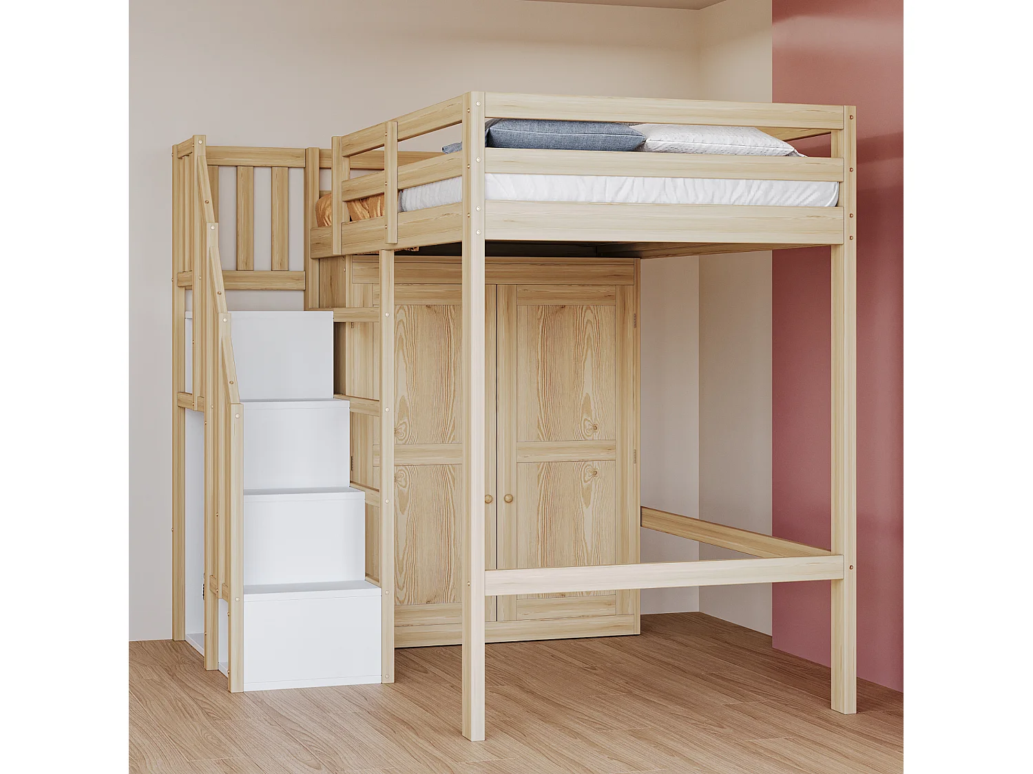 Hoogslaper 90x200 cm met opbergruimte, veiligheidsladder en kledingkasten - Houtkleur - Matras niet inbegrepen