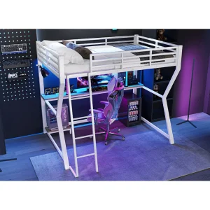 Hoogslaper 90×200 cm met LED, bureau en USB-aansluiting – Kinderbed van wit metaal