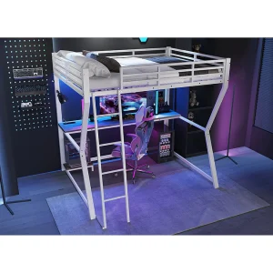 Hoogslaper 140×200 cm met ledverlichting, bureau en USB-aansluiting – Kinderbed van wit metaal Hoogslaper 140×200 cm met ledverlichting, bureau en USB-aansluiting – Kinderbed van wit metaal