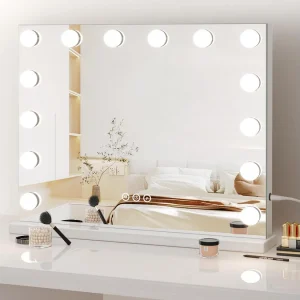 Hollywood 3-Kleuren Schminkspiegel, Cosmetische Spiegel met 14 LEDs, 3000-6000K, met een verwijderbare 10x Vergrotingsspiegel