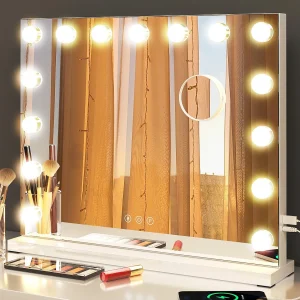 Hollywood 3-Kleuren Schminkspiegel, Cosmetische Spiegel met 15 LEDs, 3000-6000K, met een verwijderbare 10x Vergrotingsspiegel Hollywood 3-Kleuren Schminkspiegel, Cosmetische Spiegel met 15 LEDs, 3000-6000K, met een verwijderbare 10x Vergrotingsspiegel