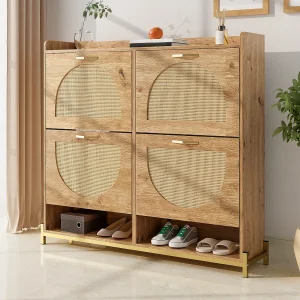 Houten schoenenkast met 4 rotandeuren – 108,5 x 24 x 100 cm – plank voor opbergruimte – MDF – naturel Houten schoenenkast met 4 rotandeuren – 108,5 x 24 x 100 cm – plank voor opbergruimte – MDF – naturel