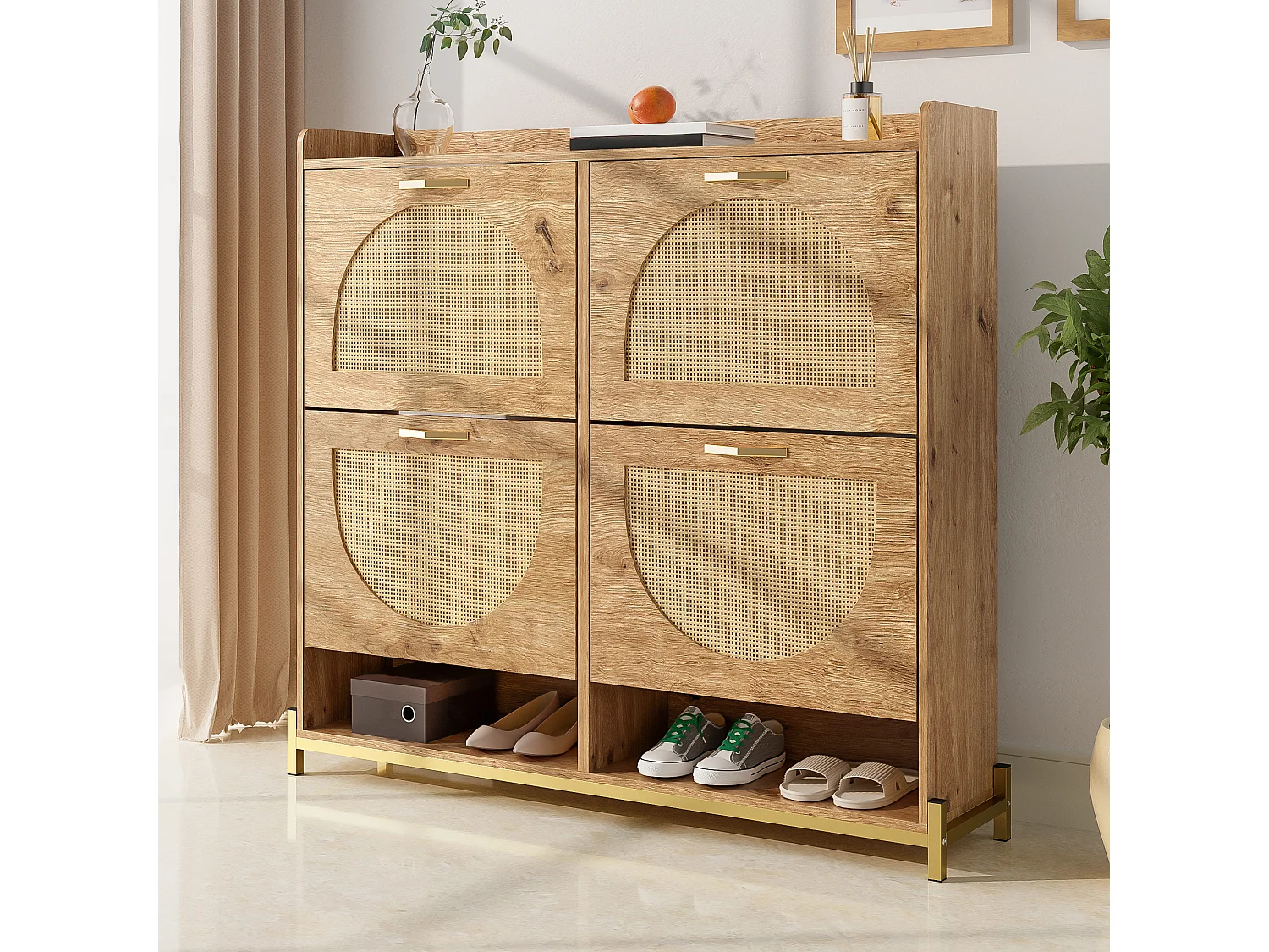Houten schoenenkast met 4 rotandeuren - 108,5 x 24 x 100 cm - plank voor opbergruimte - MDF - naturel