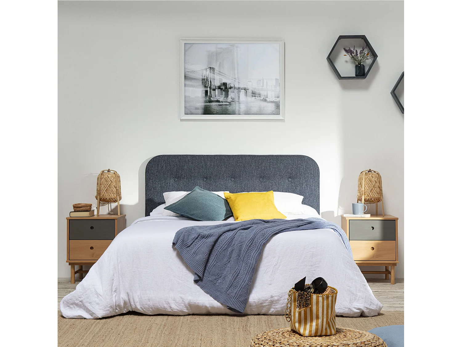 Hoofdeinde gestoffeerd Saona 160x60 cm Kleur Blauw, Gewatteerd met Schuim, Knopen in capitoné, 8 cm dik.