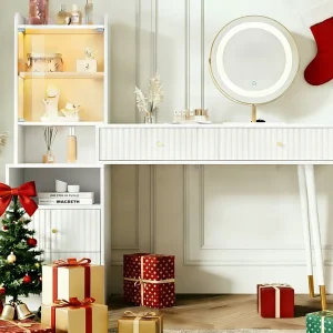 Kaptafel met spiegel 100x40x125 cm – met verstelbare LED-verlichting – met 4 laden en 1 glazen deur – 1 open opbergvak – Wit