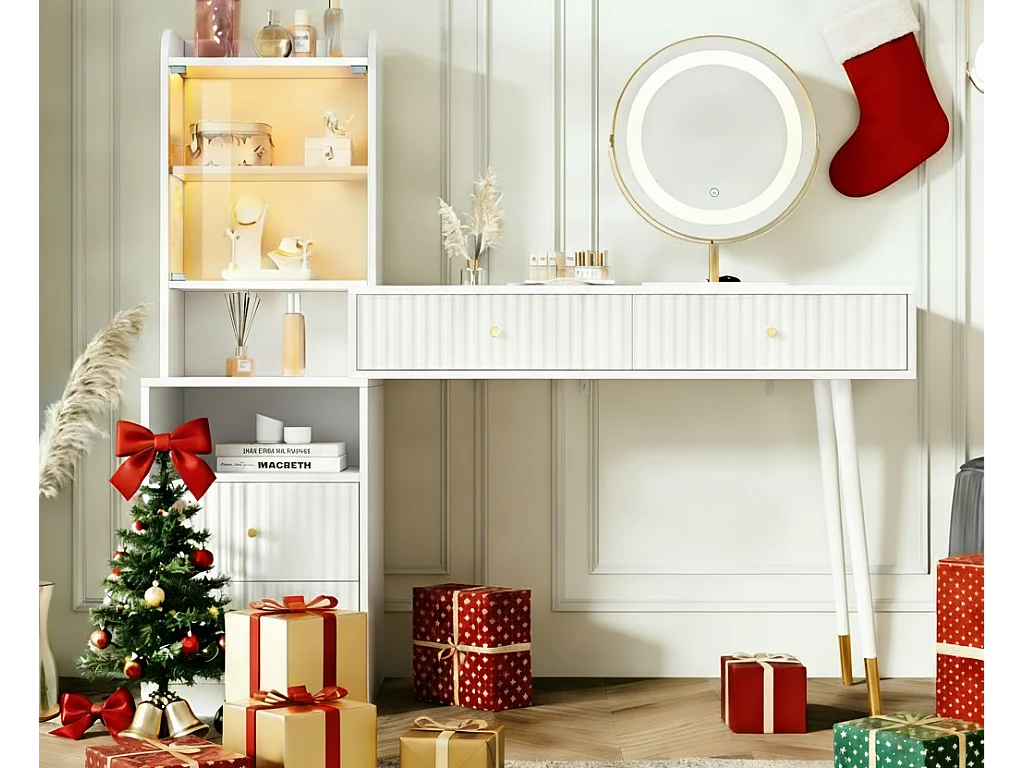 Kaptafel met spiegel 100x40x125 cm - met verstelbare LED-verlichting - met 4 laden en 1 glazen deur - 1 open opbergvak - Wit