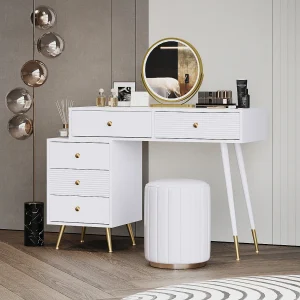 Kaptafel met LED-spiegel en 5 lades – 100 x 40 x 78 cm – spaanplaat – wit (zonder krukje)