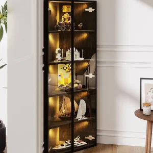 Hoekvitrine 62x35x160cm – met LED-verlichting – 2 glazen deuren – Zwart Hoekvitrine 62x35x160cm – met LED-verlichting – 2 glazen deuren – Zwart