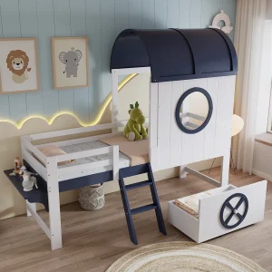 Hoogslaper 90×200 cm – Kinderbed met ladder en lades – wit en donkerblauw – zonder matras Hoogslaper 90×200 cm – Kinderbed met ladder en lades – wit en donkerblauw – zonder matras