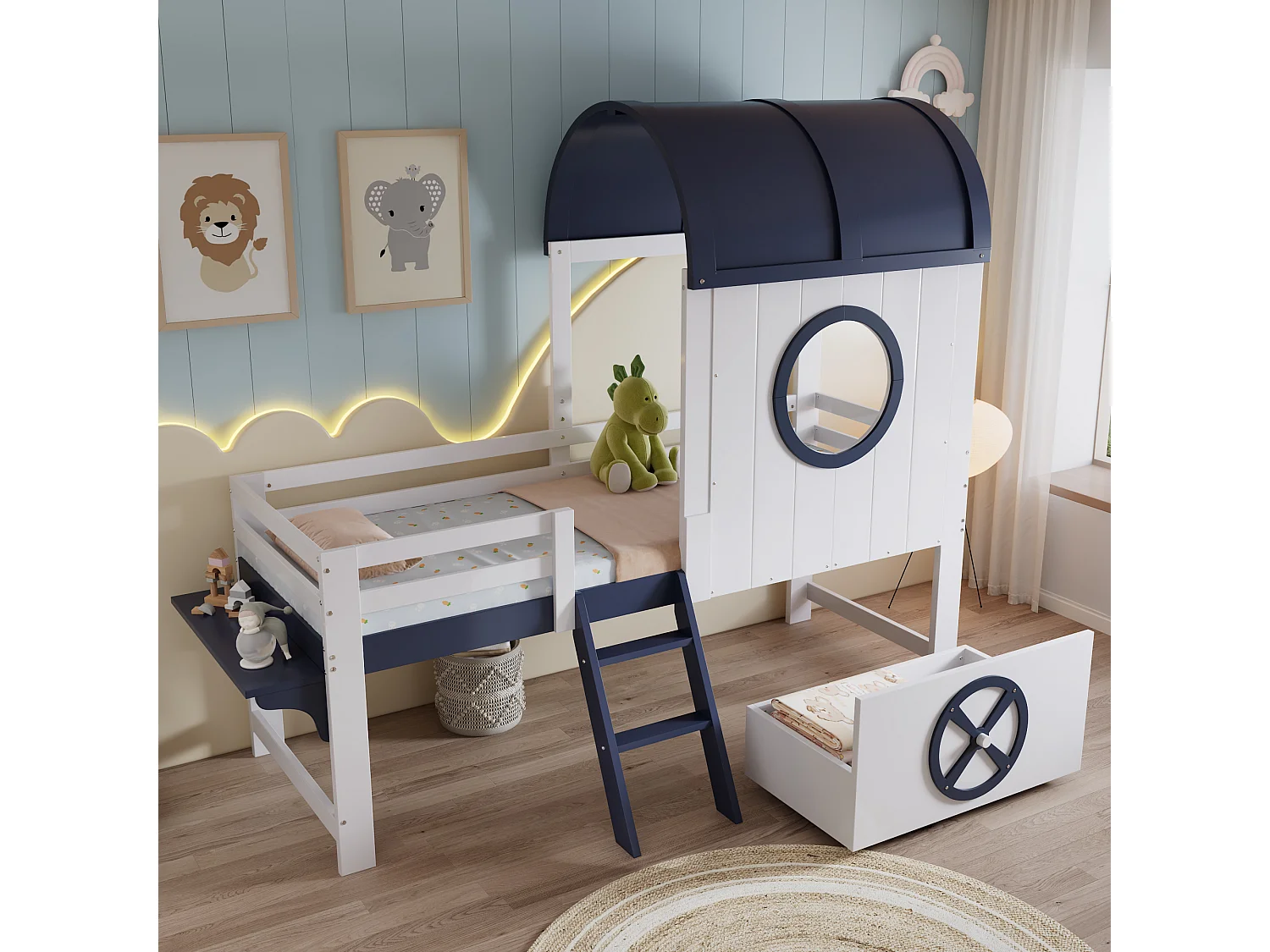 Hoogslaper 90x200 cm - Kinderbed met ladder en lades - wit en donkerblauw - zonder matras