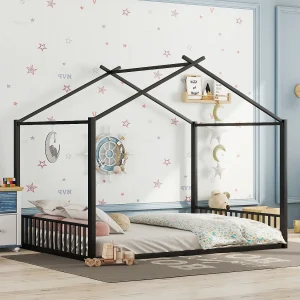 Kabinenbed 140×200 cm – met lattenbodem – metaal – zwart – matras niet inbegrepen