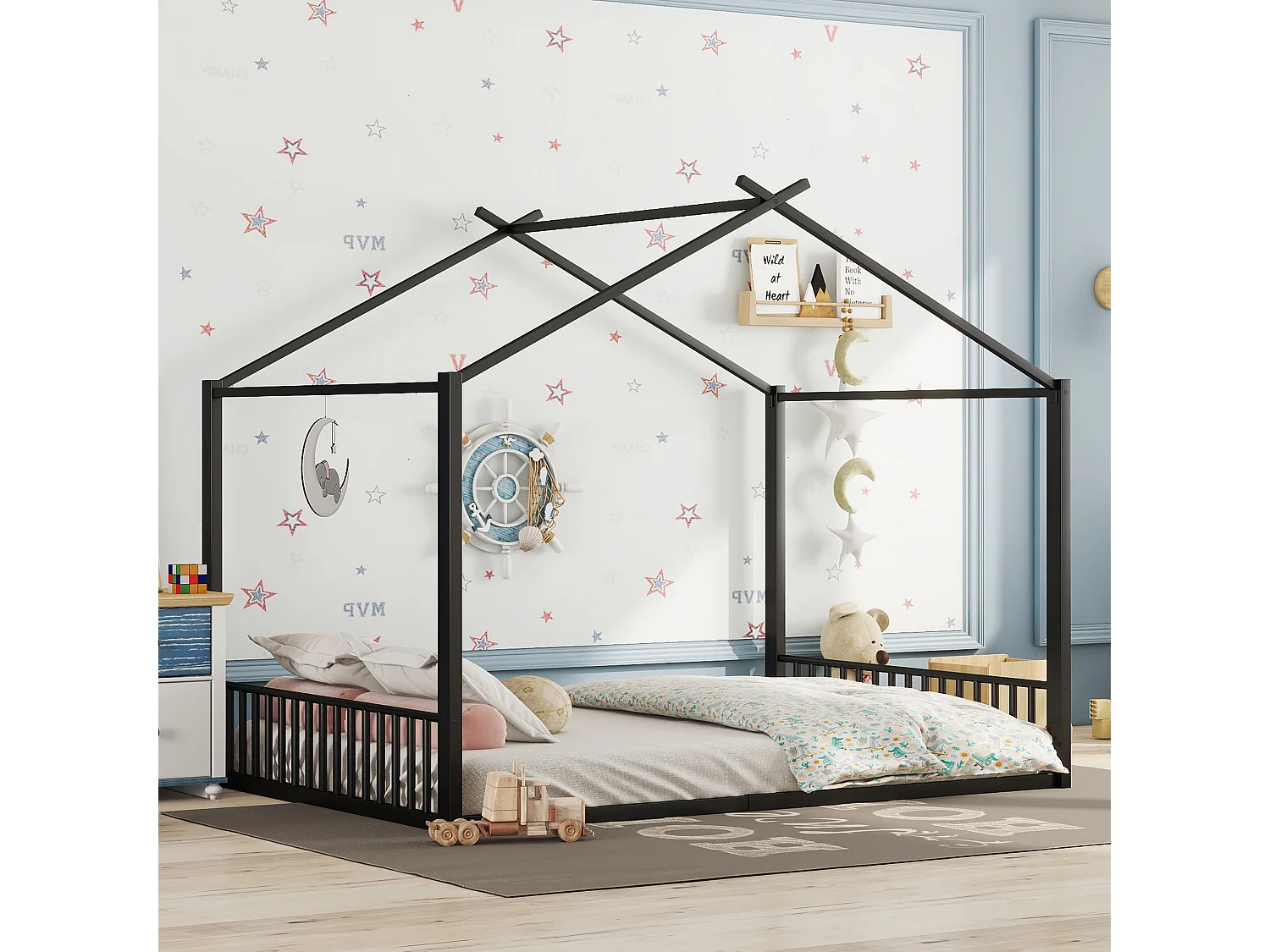Kabinenbed 140x200 cm - met lattenbodem - metaal - zwart - matras niet inbegrepen