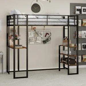 Hoogslaper 90×190 cm – Tienerbed met bureau en opbergplanken – zwart – matras niet inbegrepen