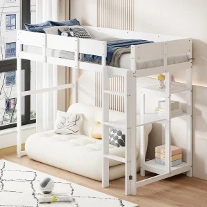 Hoogslaper 90×200 cm – met opbergplanken, houten lattenbodem – wit – matras niet inbegrepen Hoogslaper 90×200 cm – met opbergplanken, houten lattenbodem – wit – matras niet inbegrepen