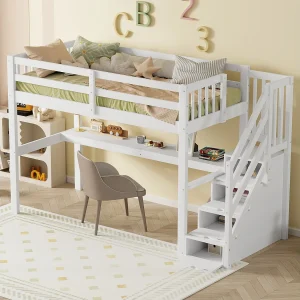 Hoogslaper 90 x 200 cm – met lades en bureau – wit grenen – matras niet inbegrepen Hoogslaper 90 x 200 cm – met lades en bureau – wit grenen – matras niet inbegrepen