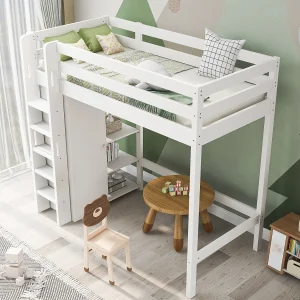 Hoogslaper 90 x 200 cm – met planken en lattenbodem – wit – matras niet inbegrepen Hoogslaper 90 x 200 cm – met planken en lattenbodem – wit – matras niet inbegrepen