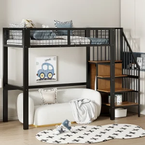 Hoogslaper 90 x 200 cm – met planken, lattenbodem – zwart metaal – matras niet inbegrepen Hoogslaper 90 x 200 cm – met planken, lattenbodem – zwart metaal – matras niet inbegrepen