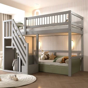 Hoogslaper 90×200 cm – Kinderbed met opbergruimte en zijhekjes – grijs – matras niet inbegrepen Hoogslaper 90×200 cm – Kinderbed met opbergruimte en zijhekjes – grijs – matras niet inbegrepen