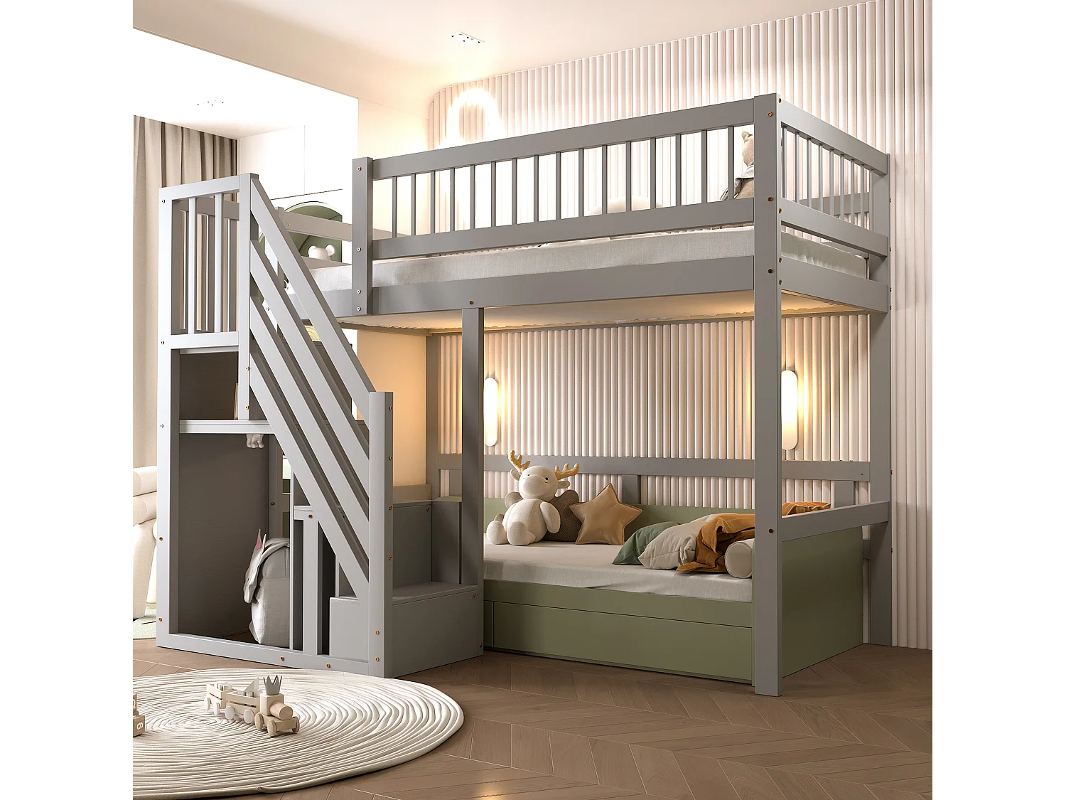Hoogslaper 90x200 cm - Kinderbed met opbergruimte en zijhekjes - grijs - matras niet inbegrepen