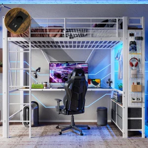 Hoogslaper 90×200 cm – Tienerbed met bureau en 4 lades, ledverlichting en USB-poort – wit – matras niet inbegrepen