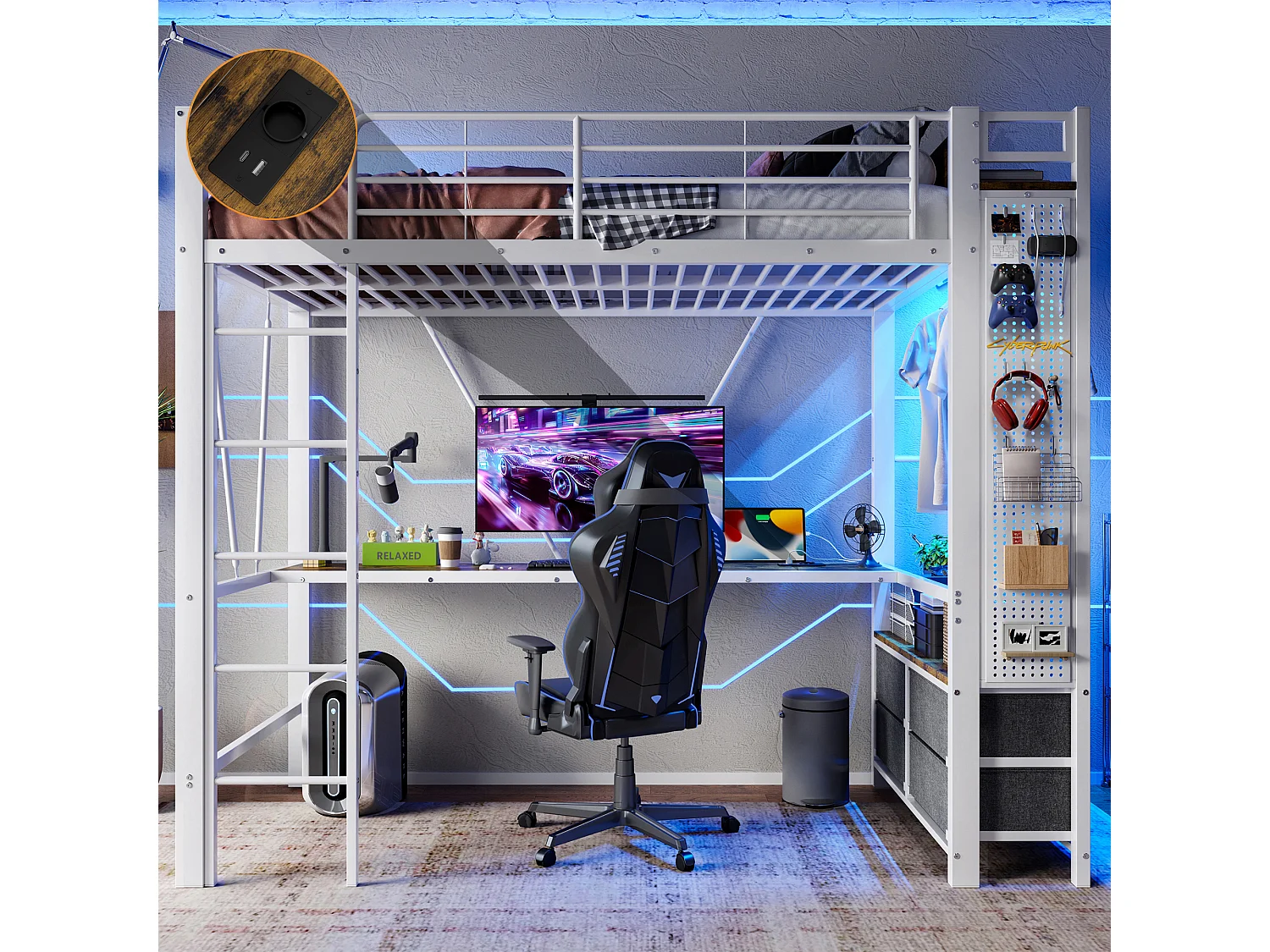Hoogslaper 90x200 cm - Tienerbed met bureau en 4 lades, ledverlichting en USB-poort - wit - matras niet inbegrepen