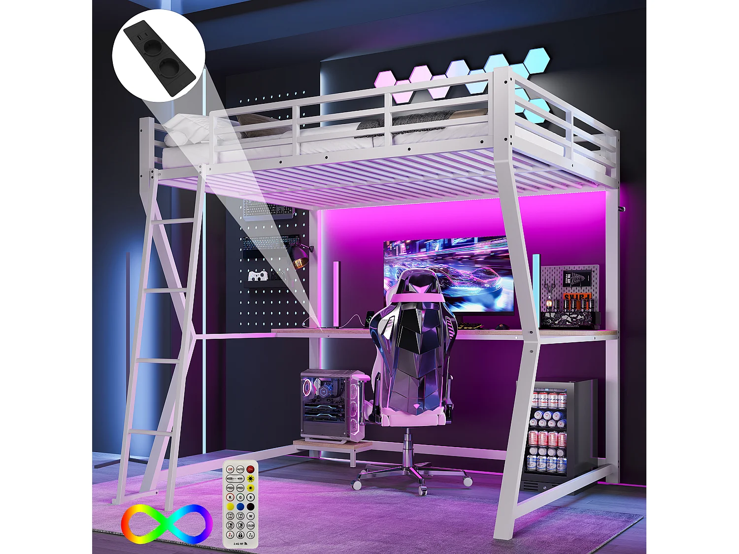 Hoogslaper van 140x200 cm - Volwassenenbed met LED- en USB-verlichting, bureau - wit - matras niet inbegrepen
