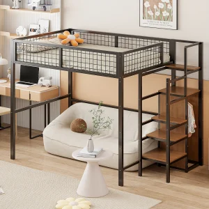 Hoogslaper 140 x 200 cm – met planken en lattenbodem – zwart metaal – matras niet inbegrepen Hoogslaper 140 x 200 cm – met planken en lattenbodem – zwart metaal – matras niet inbegrepen