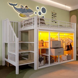 Hoogslaper 90×200 cm – Kinderbed met 2 lades en open opbergruimte – wit metaal – matras niet inbegrepen
