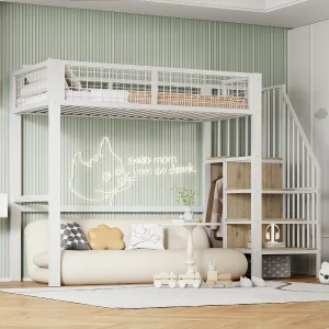 Hoogslaper 90 x 200 cm – met planken, lattenbodem – wit metaal – matras niet inbegrepen Hoogslaper 90 x 200 cm – met planken, lattenbodem – wit metaal – matras niet inbegrepen