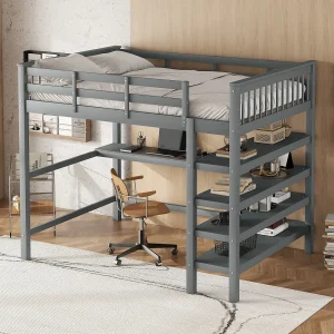 Hoogslaper 140 x 200 cm – met planken, lattenbodem – grijs – zonder matras Hoogslaper 140 x 200 cm – met planken, lattenbodem – grijs – zonder matras