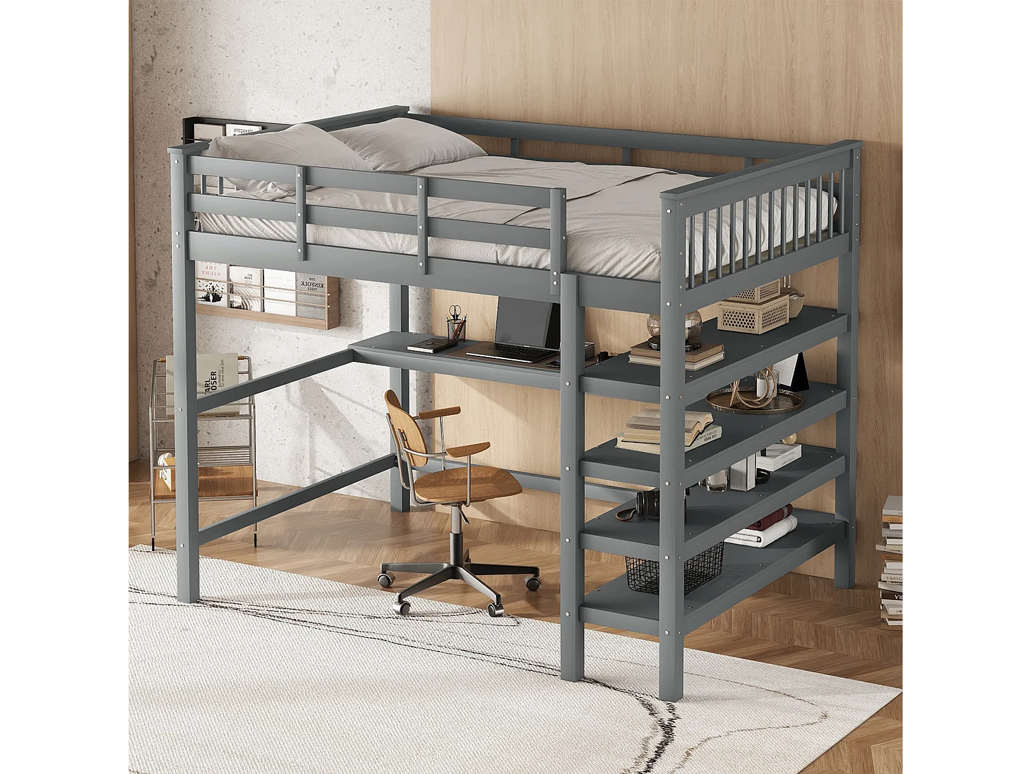 Hoogslaper 140 x 200 cm - met planken, lattenbodem - grijs - zonder matras