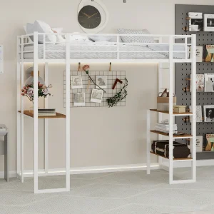 Hoogslaper 90×190 cm – Tienerbed met bureau en opbergplanken – wit – matras niet inbegrepen