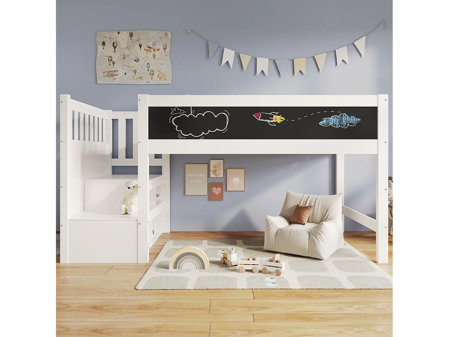 Hoogslaper 90x200 cm - Kinderbed met opbergtrap en tekenbord - Veiligheidshekje - wit - zonder matras