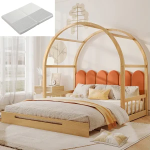 Kabinenbed 140×200 cm – Uitschuifbed met lattenbodem – natuurlijk grenen en oranje – matras inbegrepen
