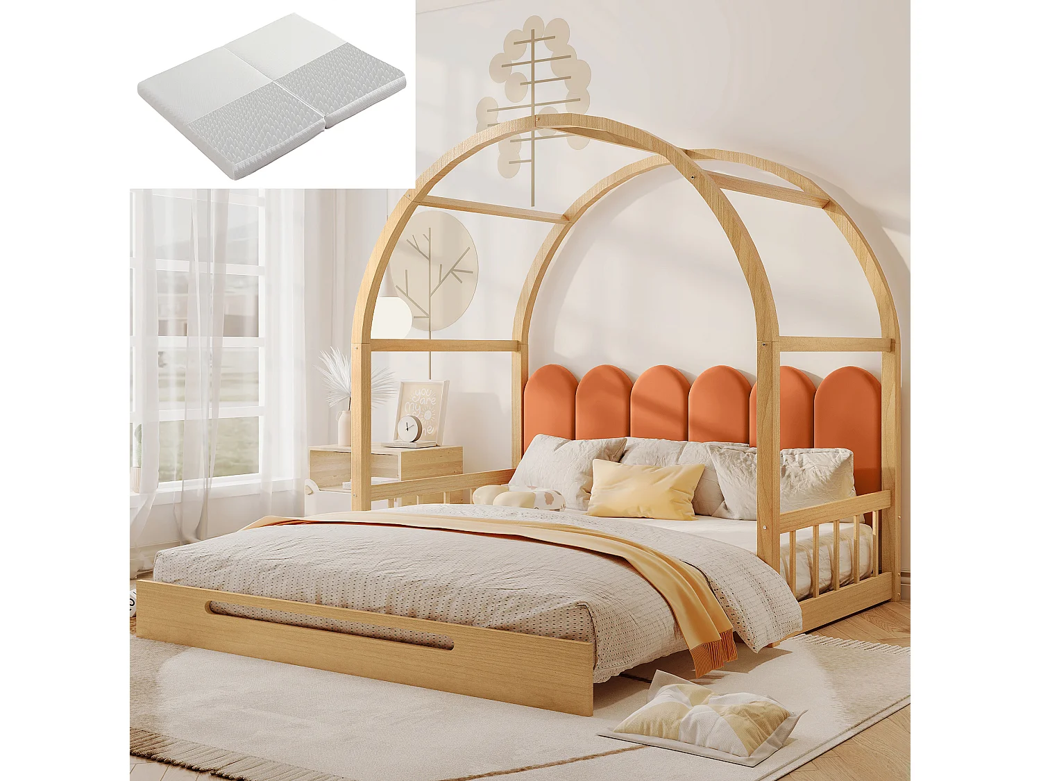 Kabinenbed 140x200 cm - Uitschuifbed met lattenbodem - natuurlijk grenen en oranje - matras inbegrepen