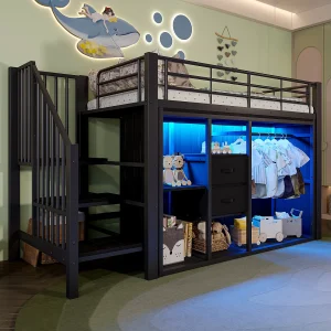 Hoogslaper 90×200 cm – Kinderbed met 2 lades en open opbergruimte – zwart metaal – matras niet inbegrepen