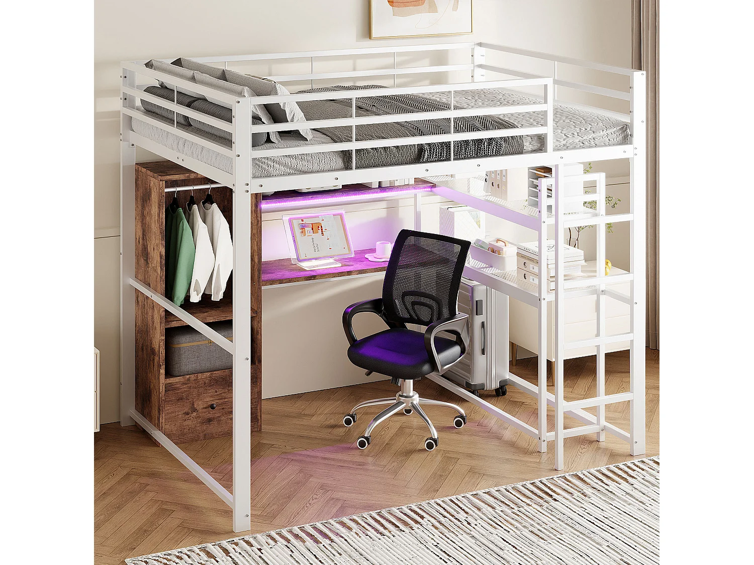Hoogslaper 140 x 200 cm - met lade, planken, open opbergruimte - wit - matras niet inbegrepen
