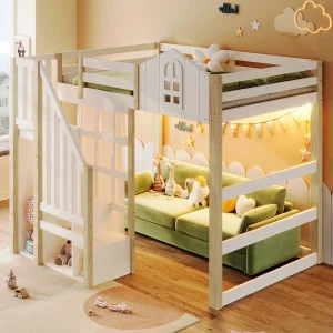 Hoogslaper 140×200 cm – Tienerbed met ledverlichting, opbergplanken en ladder – grenen – wit en naturel – matras niet inbegrepen Hoogslaper 140×200 cm – Tienerbed met ledverlichting, opbergplanken en ladder – grenen – wit en naturel – matras niet inbegrepen