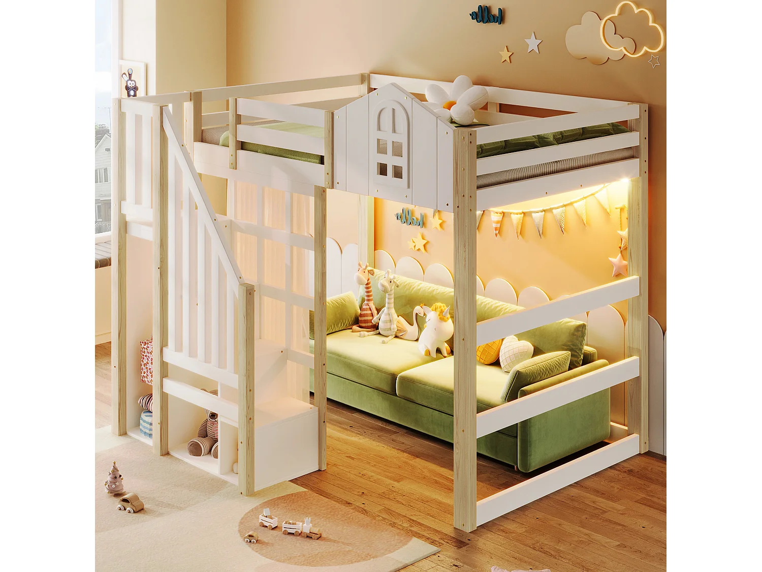 Hoogslaper 140x200 cm - Tienerbed met ledverlichting, opbergplanken en ladder - grenen - wit en naturel - matras niet inbegrepen