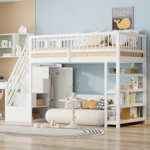 Hoogslaper 90×200 cm – Kinderbed met kledingkast en opbergplanken – wit hout – matras niet inbegrepen Hoogslaper 90×200 cm – Kinderbed met kledingkast en opbergplanken – wit hout – matras niet inbegrepen
