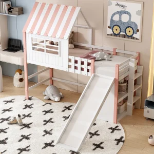 Hoogslaper van 90×200 cm – Kinderbed met glijbaan en ladder, opbergplanken – roze – matras niet inbegrepen Hoogslaper van 90×200 cm – Kinderbed met glijbaan en ladder, opbergplanken – roze – matras niet inbegrepen