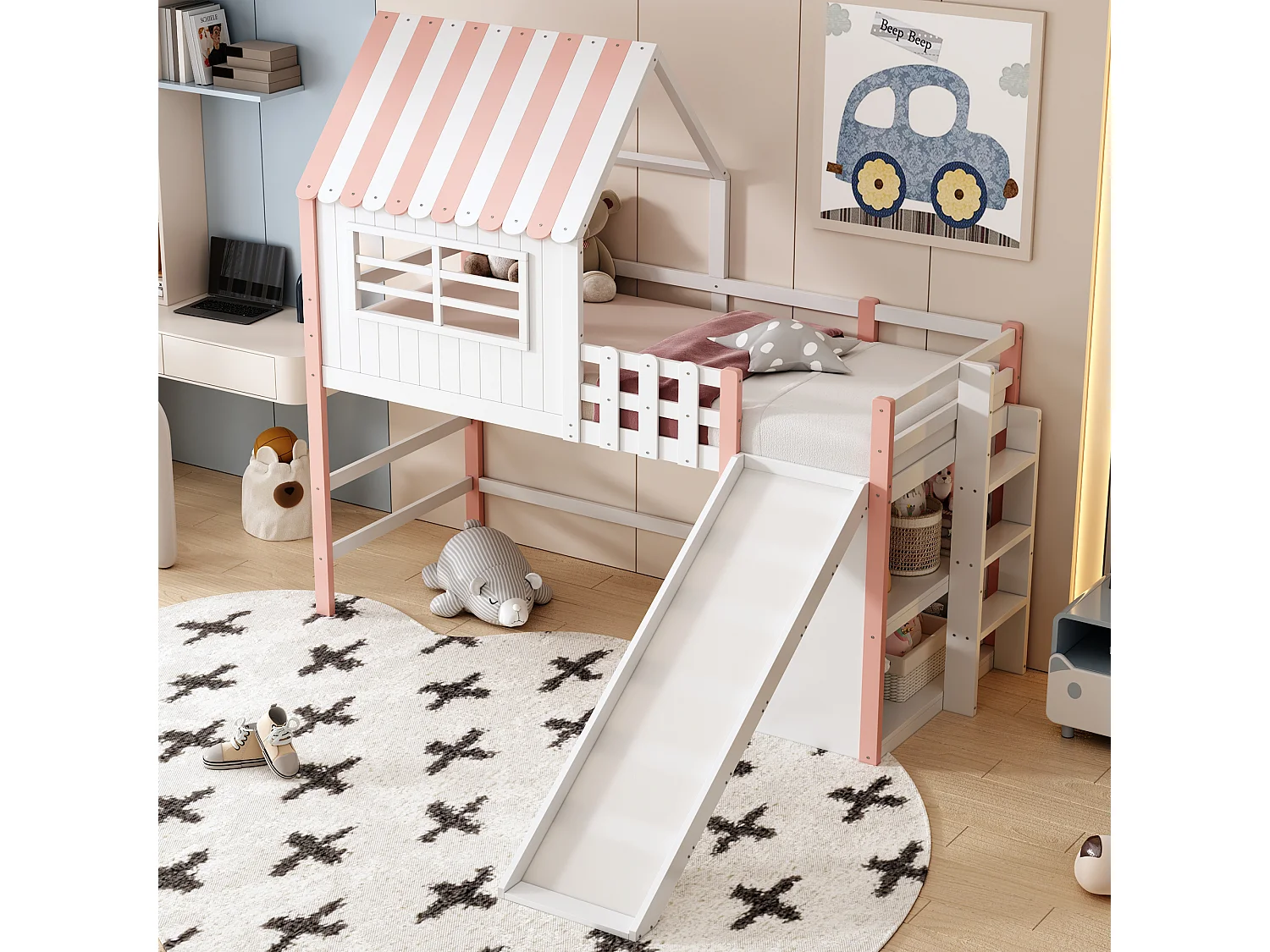 Hoogslaper van 90x200 cm - Kinderbed met glijbaan en ladder, opbergplanken - roze - matras niet inbegrepen