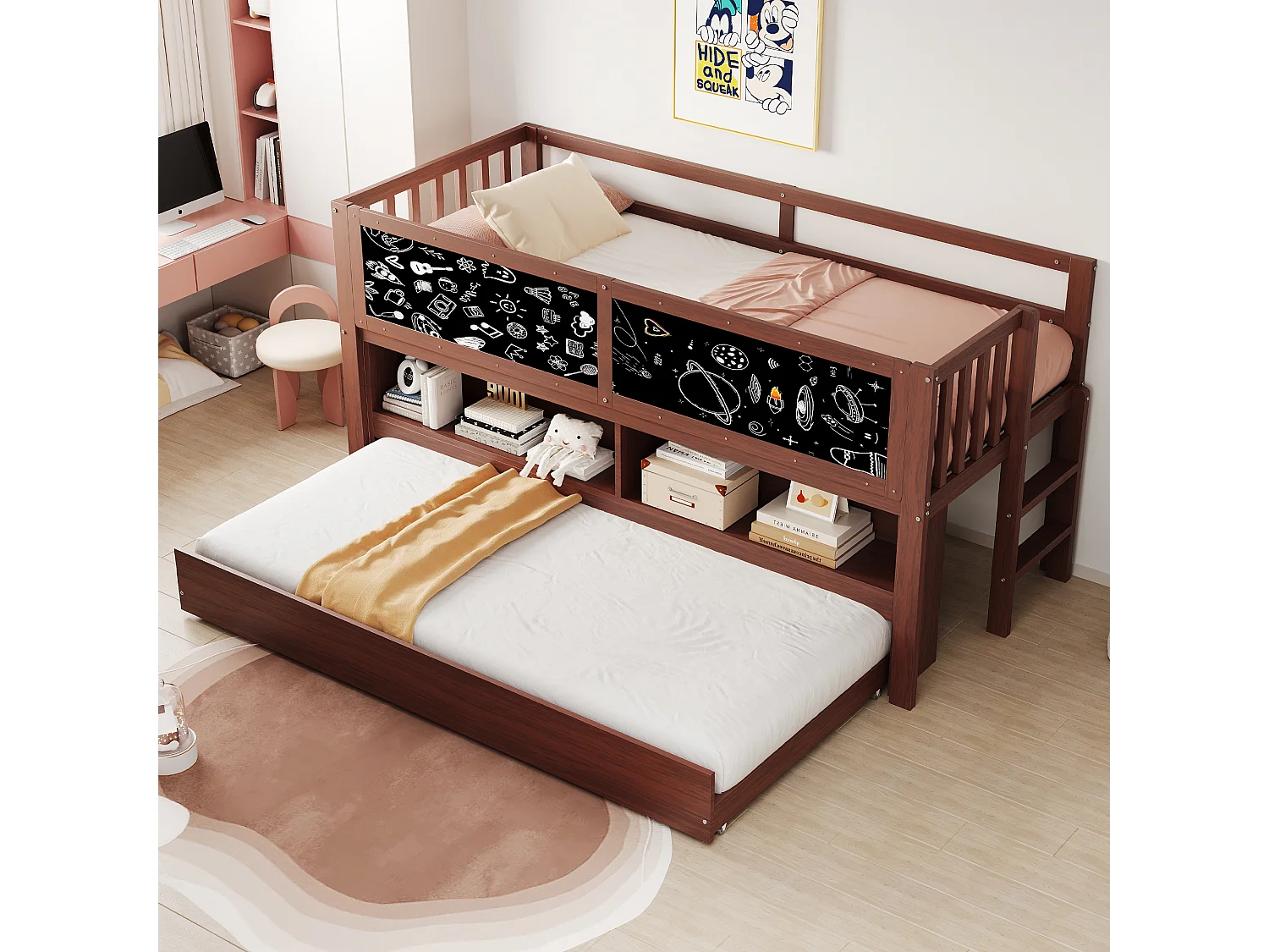 Hoogslaper 90x200 cm - Kinderbed met uitschuifbaar bed en lattenbodem - bruin - matras niet inbegrepen